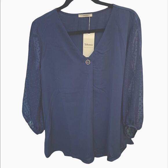 Navy blue tunic style top sheer patterned long sleeve L  NWT - Picture 5 of 7